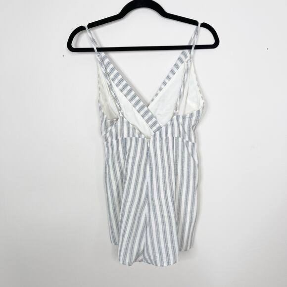 Lunik Small S Blue Cream Striped Button Detail Romper Cotton Blend VNeck Pockets - Picture 2 of 11